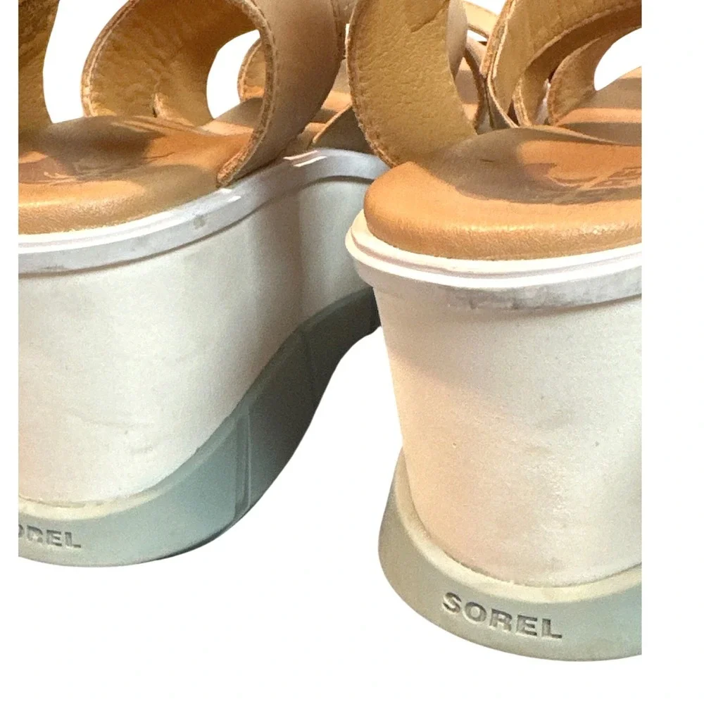 Sorel Joanie III Ankle Strap Wedge Sandals Honest Beige Crushed Blue Womens 8